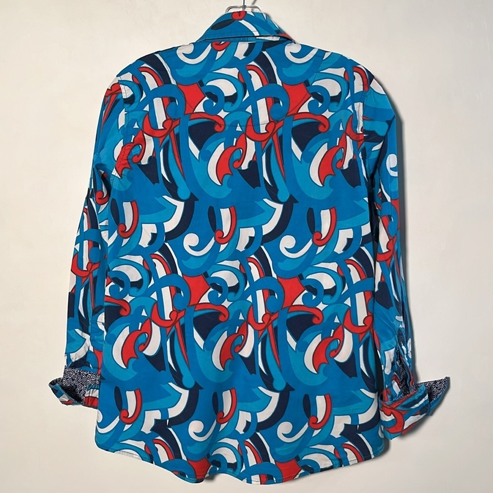 TIZZIE Artsy Mod Print Contrast French Cuff Preppy Retro Blue/Red Cotton Top S - Picture 2 of 16